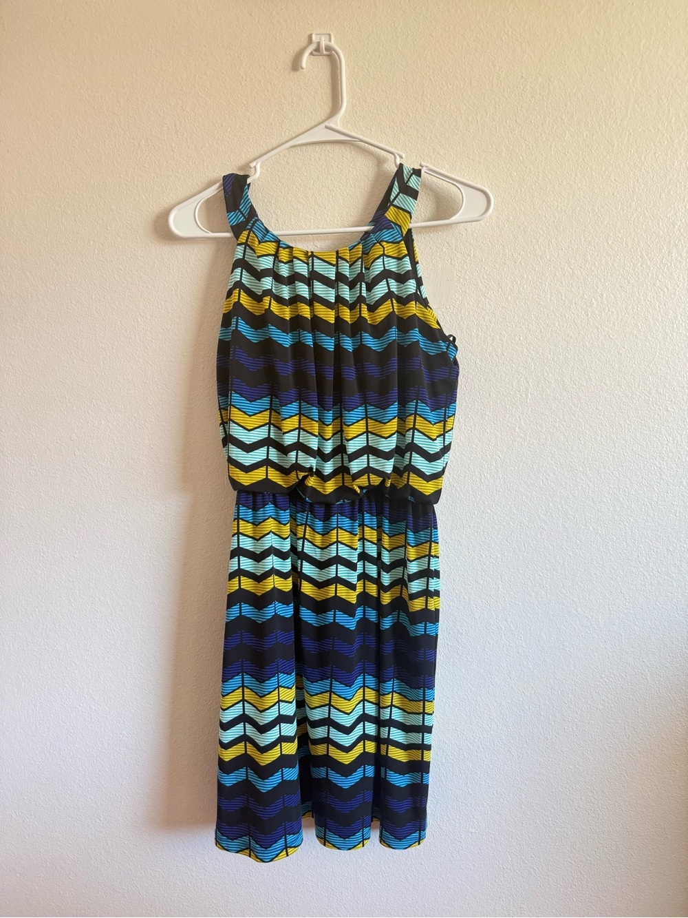 Enfocus Studio Navy Chevron Sleeveless Jumpsuit with Yellow & Teal Accents